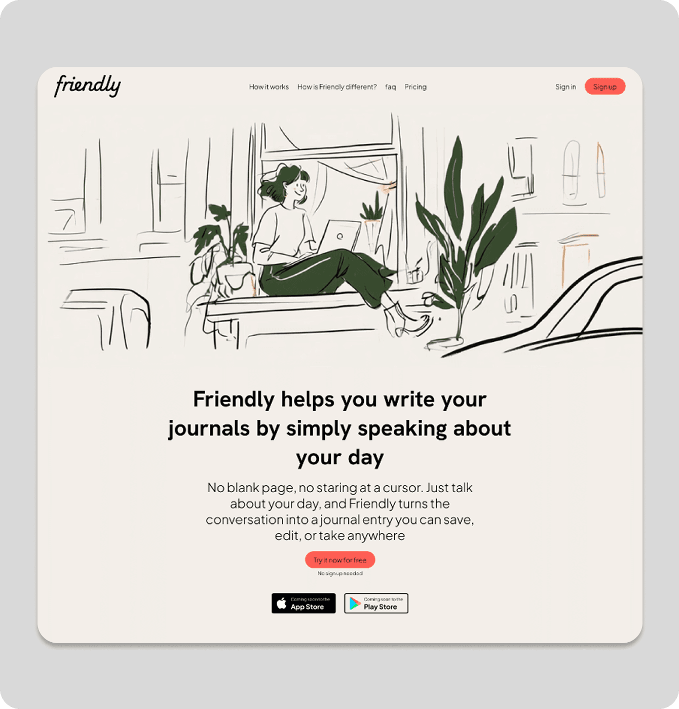 The Friendly marketing landing page, featuring the character used in the branding