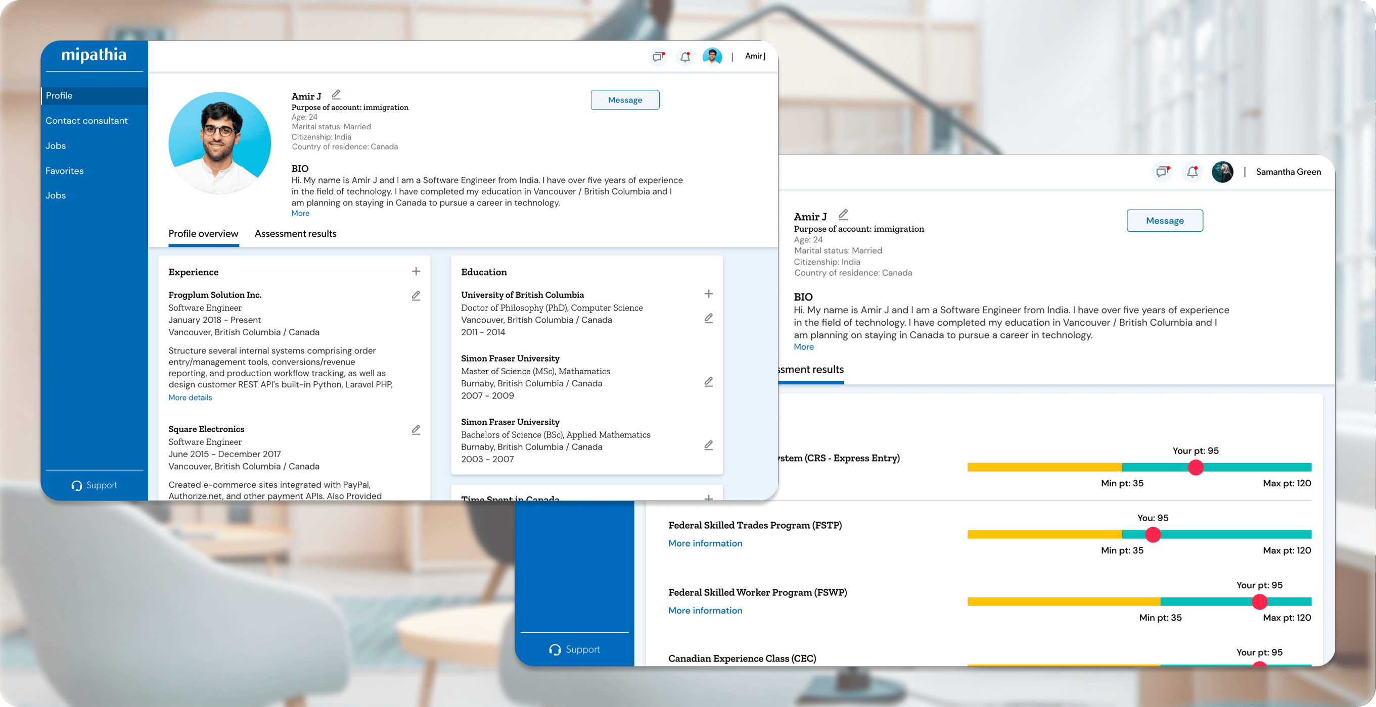 Mipathia profile overview screen