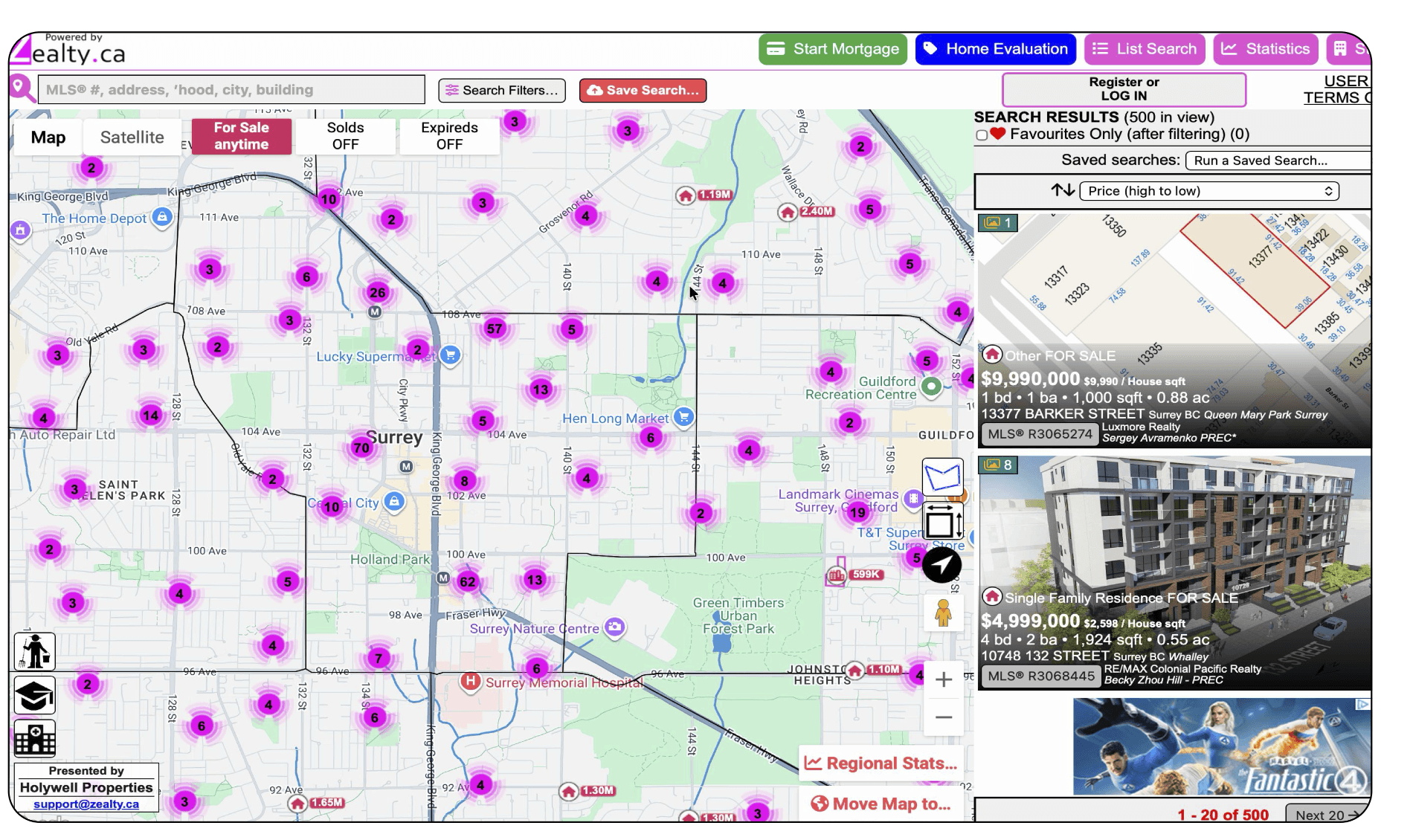Zealty.ca map search interface showing the Surrey area with dense listing markers