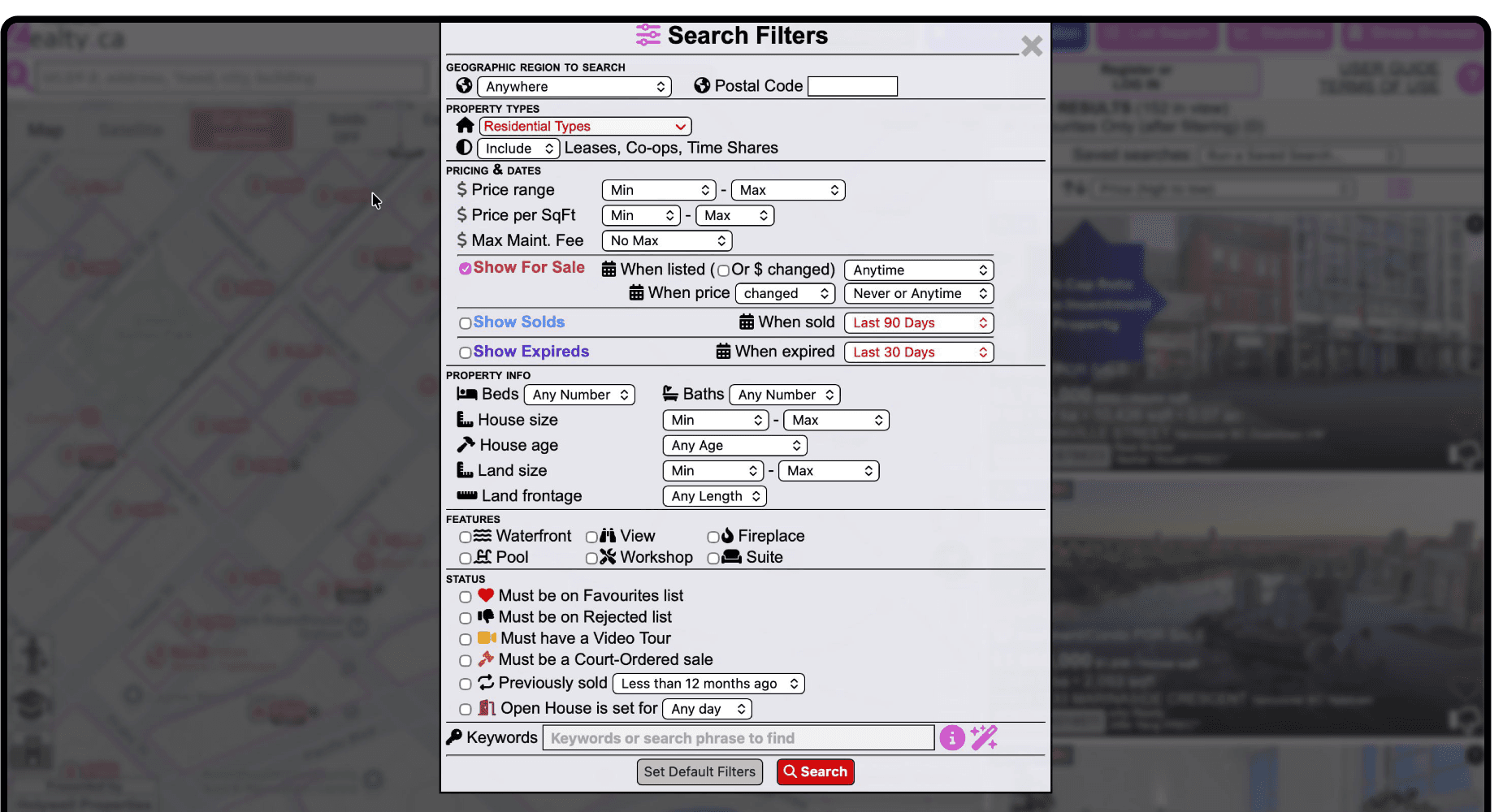 Zealty.ca search filters panel showing property type, pricing, and feature filter options